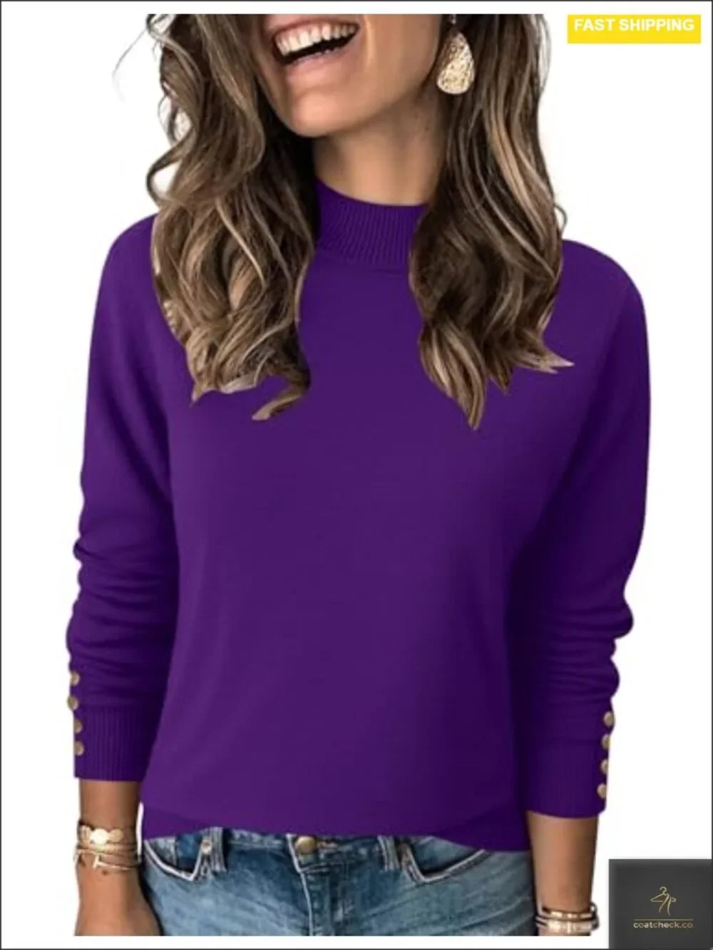 Mock Neck Long Sleeve Knit Sweater Pullover Lightweight Button Cuffs Fall